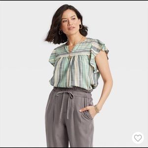 Women’s short sleeve multi striped top Knox Rose Blue S ruffled sleeves